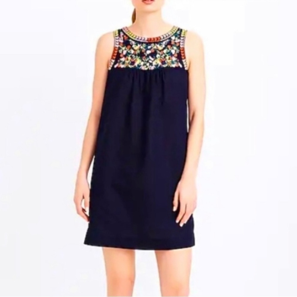 J. Crew Embroidered Linen Blend Shift Dress Navy Floral Size 0